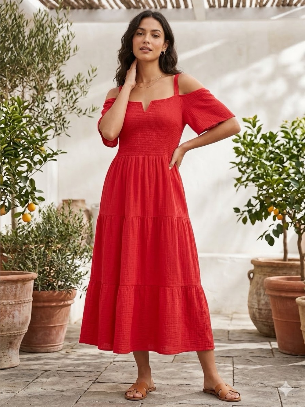 Dunes Cotton Sleeveless Off-Shoulder Tiered Midi Dress in Red
